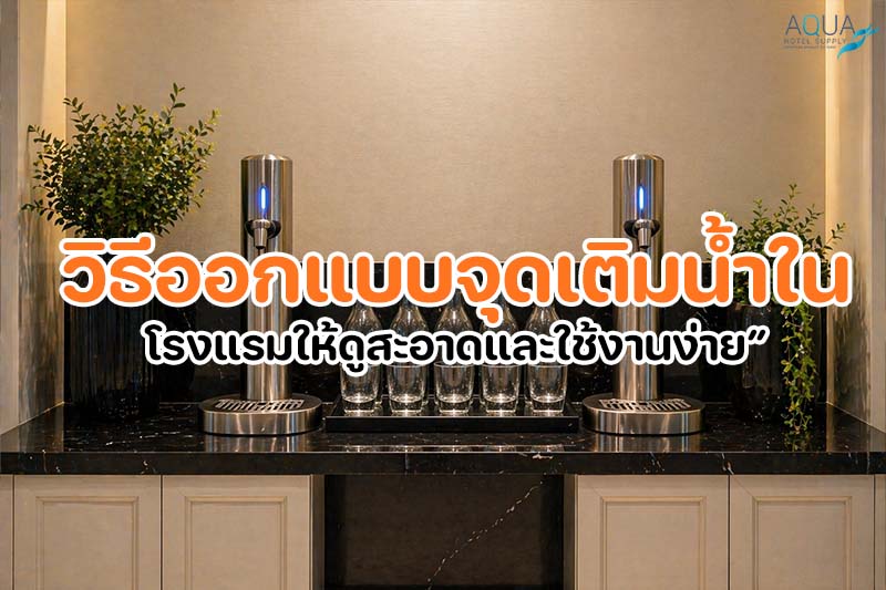 จุดเติมน้ำในโรงแรมดีไซน์ทันสมัยในโถงล็อบบี้ พร้อมขวดรีฟิลสำหรับผู้เข้าพัก