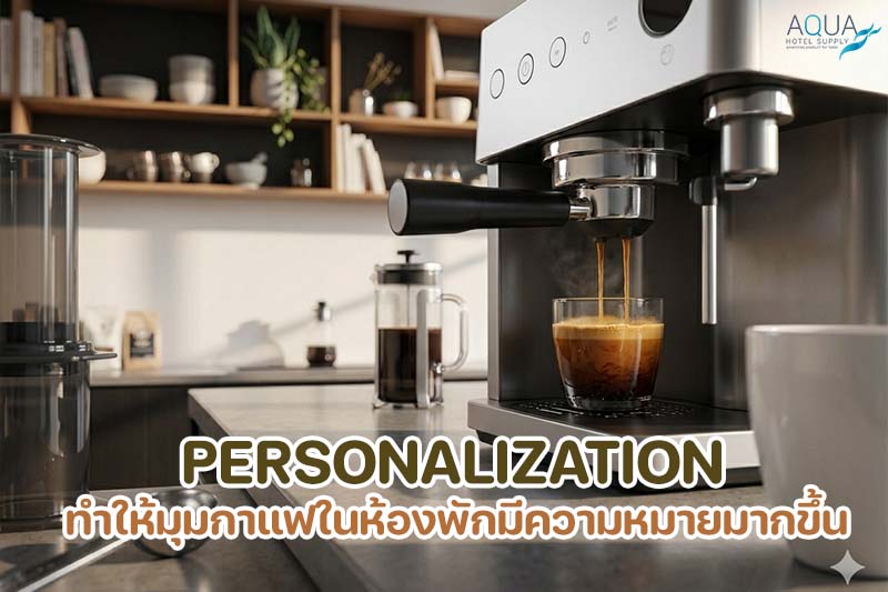 ชุดชงกาแฟในห้องพักพรีเมียมพร้อมเครื่องชง แก้ว และถาดจัดวางอย่างเป็นระเบียบ
