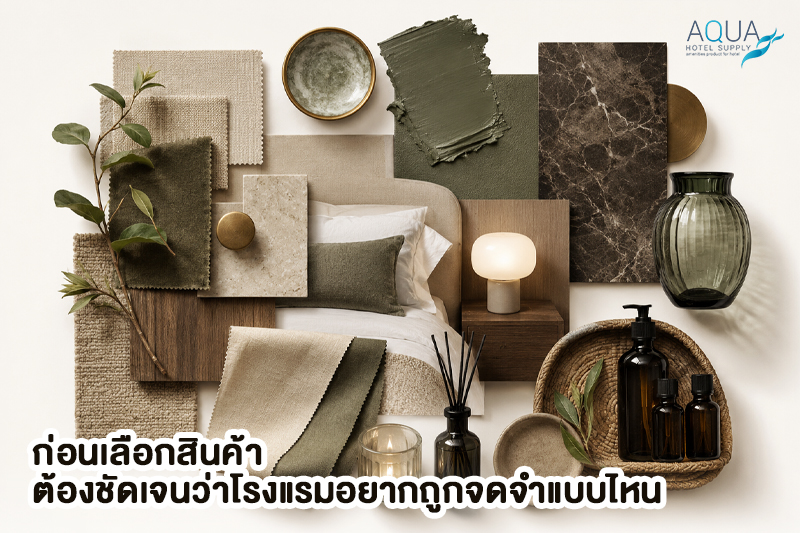 ภาพ mood board ห้องพักโรงแรมที่แสดงโทนผ้า อเมนิตี้ กลิ่น และวัสดุของใช้ในห้องพัก